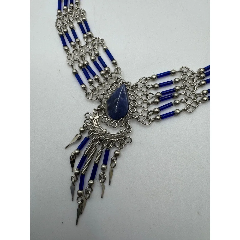 Blue Beaded Multi Strand Bib Necklace Silver Tone Fringe Statement Tribal Gypsy